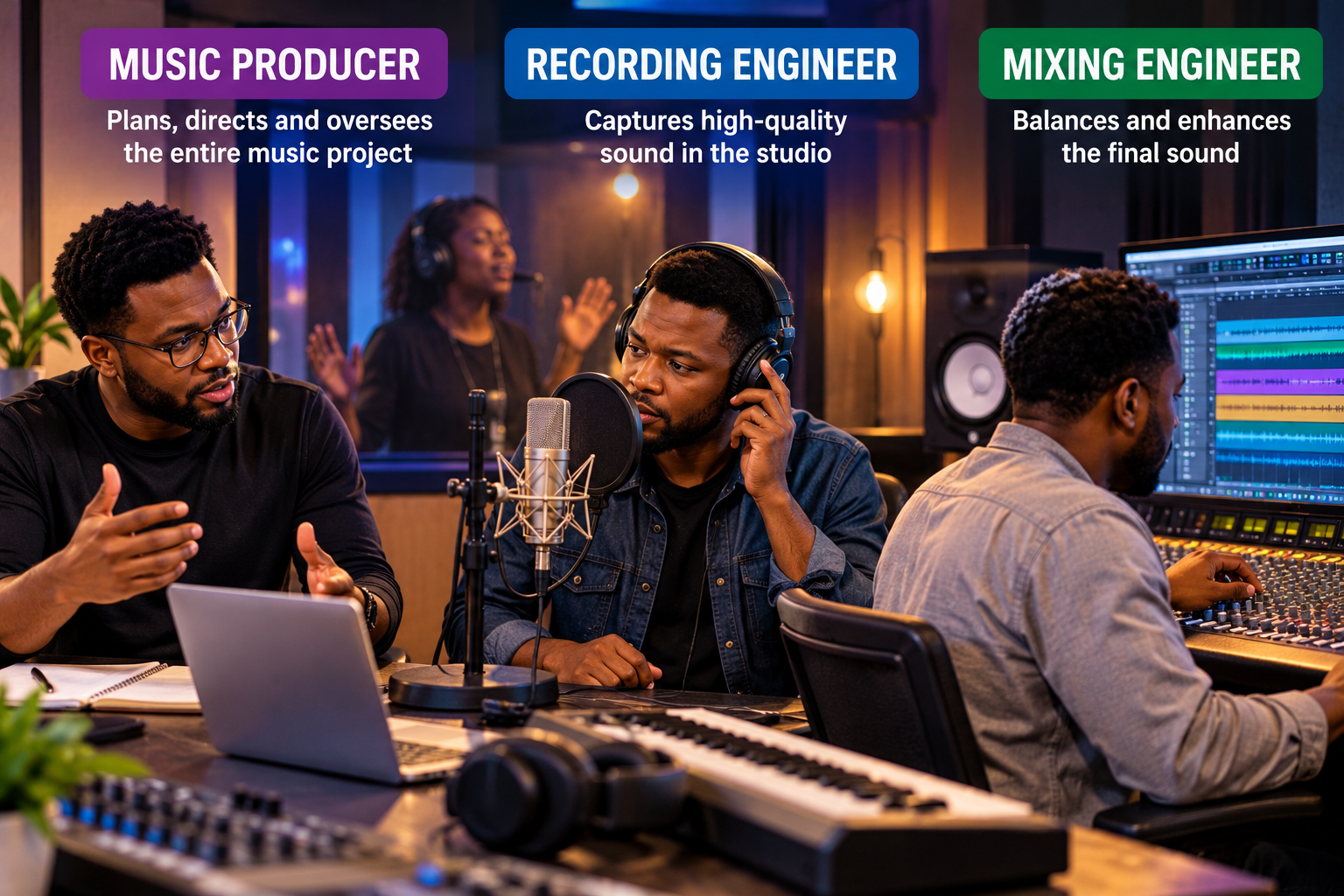 Music producer, recording engineer, and mixing engineer working in a recording studio